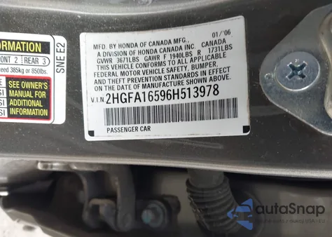 2006 Honda Civic Lx z USA, uszkodzony, nr VIN 2HGFA16596H513978